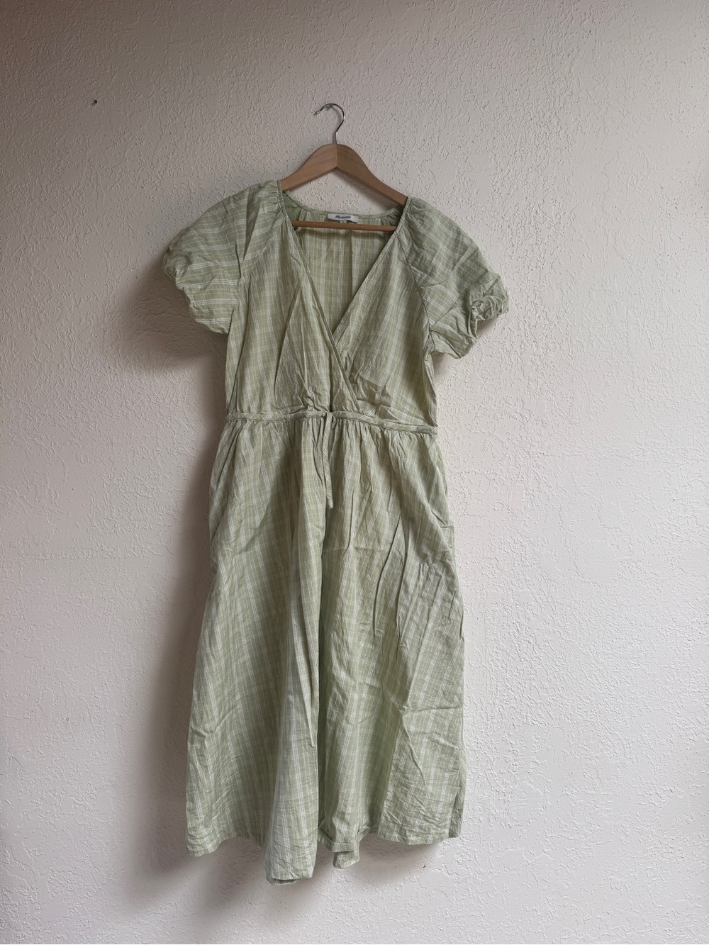 Madewell Pale Green Plaid Midi Dress with Tie Waist